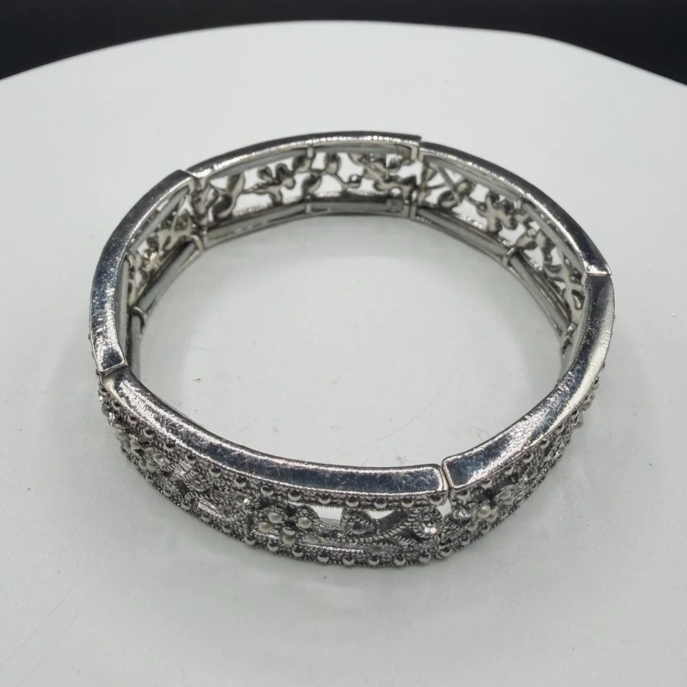 Silver Tone Floral Rhinestone Faux Pearl Filigree Wide Stretch Cuff Bracelet
